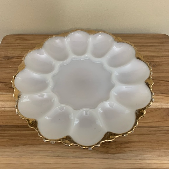 Vintage/Antique Milk Glass Egg Platter with Gold Trim - Picture 2 of 10